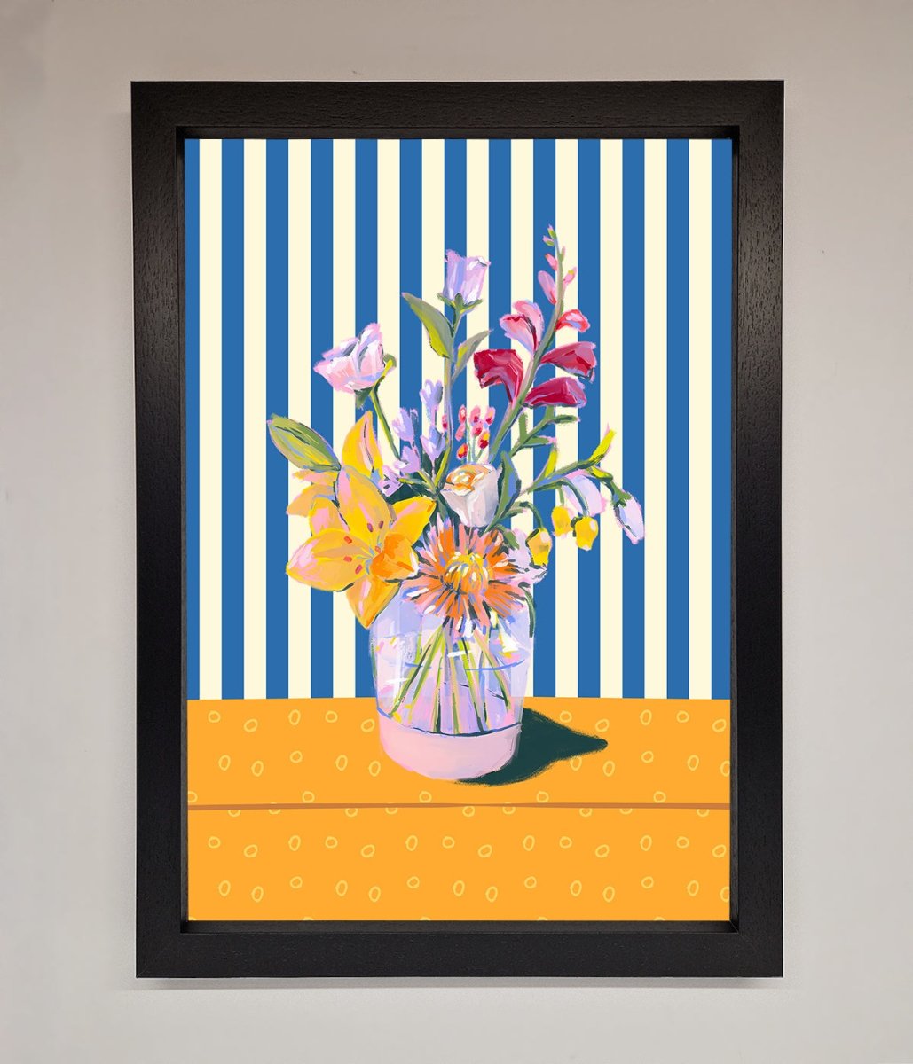 Flower Vase Blue Stripes Framed Wall Art-1