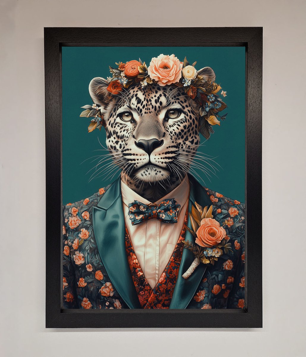 Leopard In a Suit With Flowers Framed Print-1