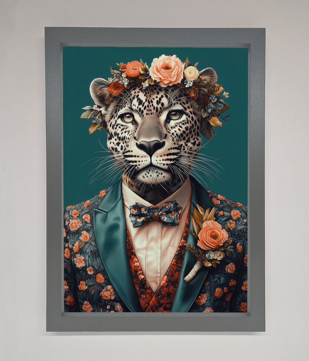 Leopard In a Suit With Flowers Framed Print-4