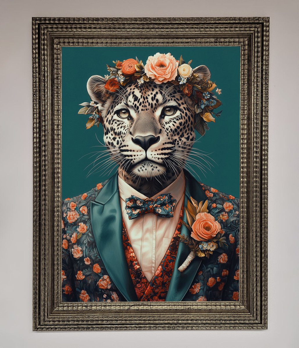 Leopard In a Suit With Flowers Framed Print-16