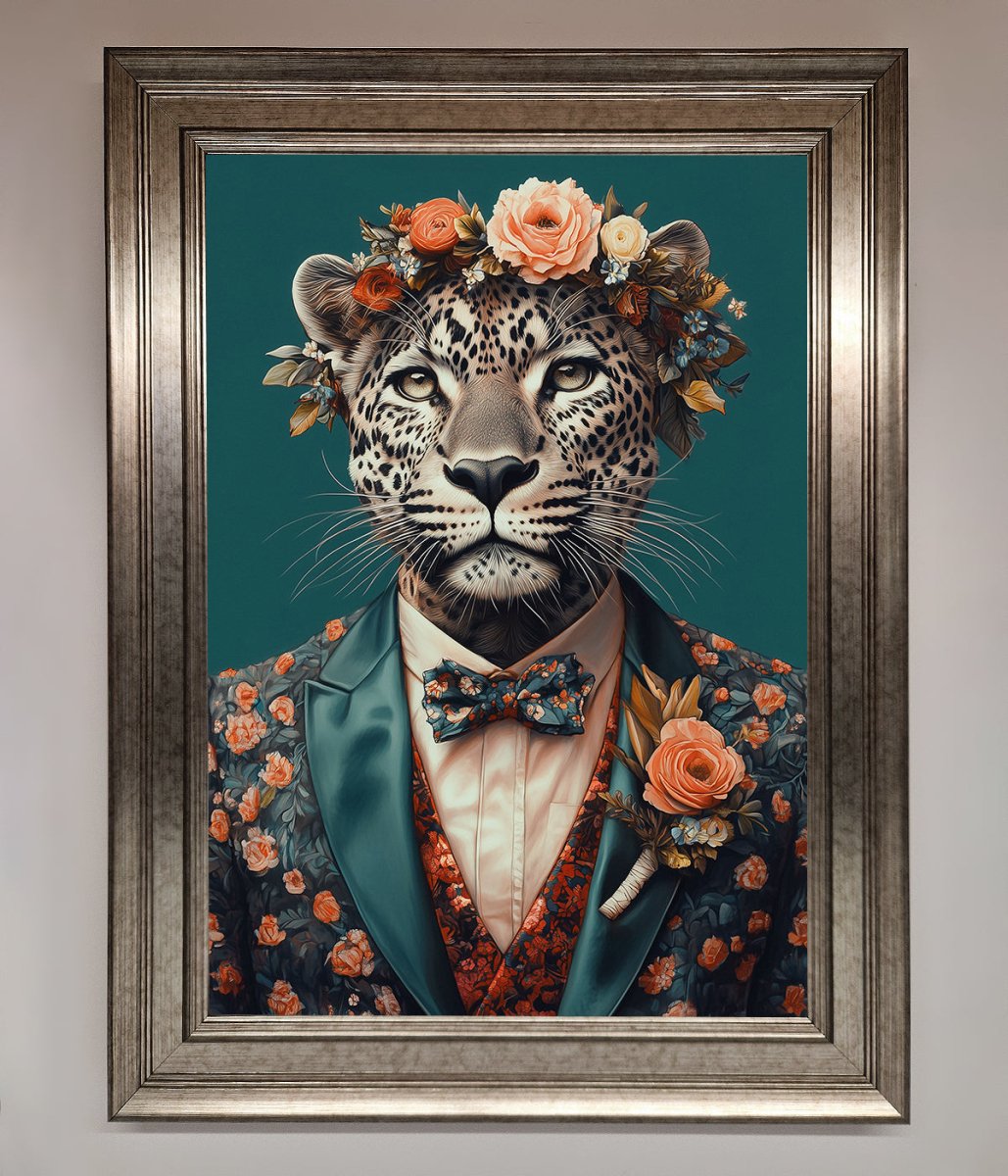 Leopard In a Suit With Flowers Framed Print-0