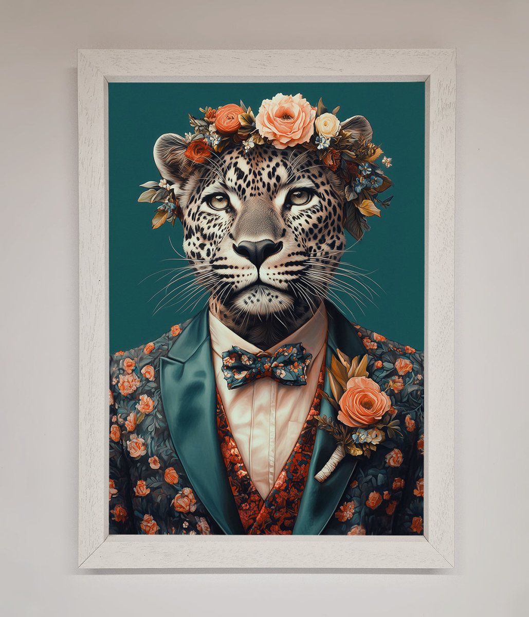 Leopard In a Suit With Flowers Framed Print-2