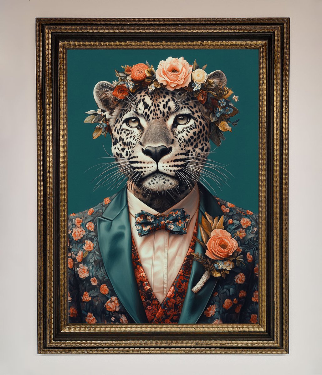 Leopard In a Suit With Flowers Framed Print-18