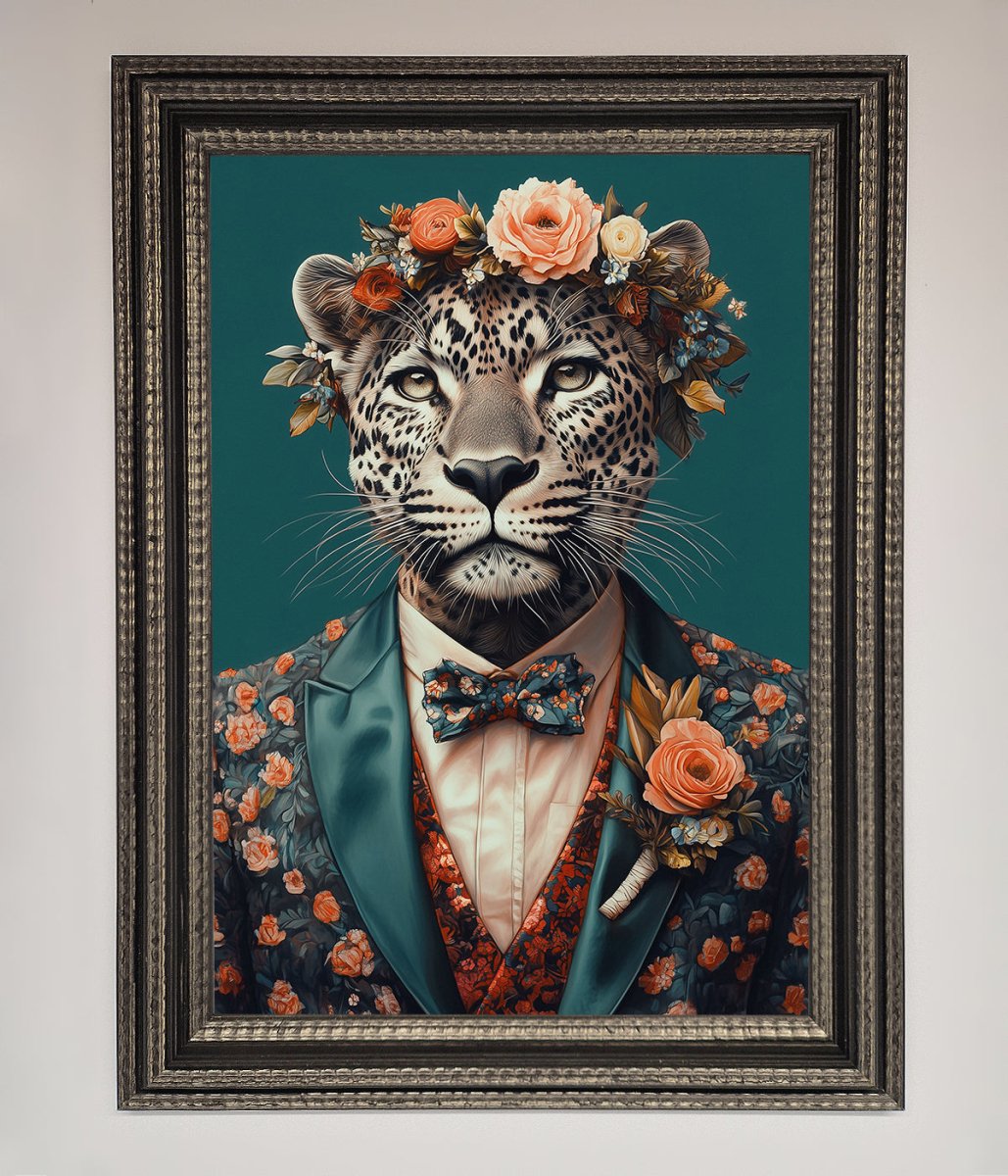 Leopard In a Suit With Flowers Framed Print-17