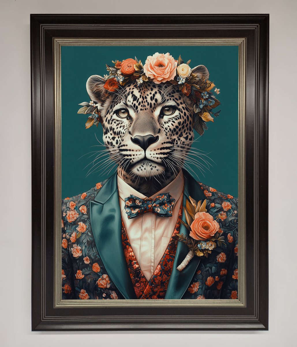 Leopard In a Suit With Flowers Framed Print-7